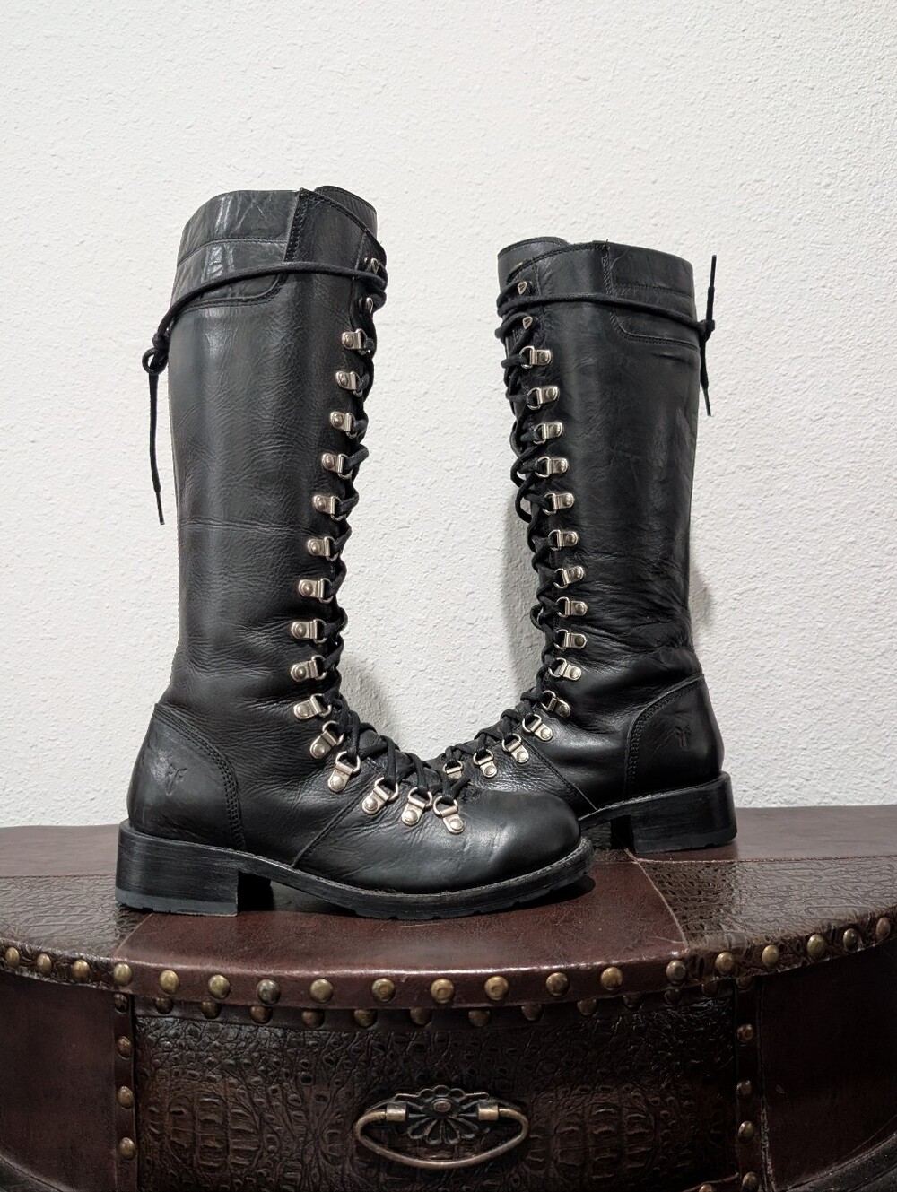 VTG Frye Rogan Tall Black Leather Combat Lace-Up Side-Zip Boots Size 7.5 - Picture 11 of 16